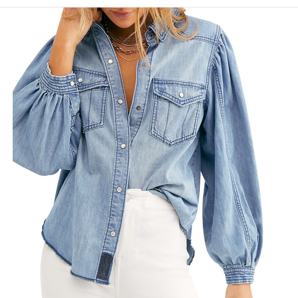 Free People with Love Cotton Light Blue Denim Button Down Shirt